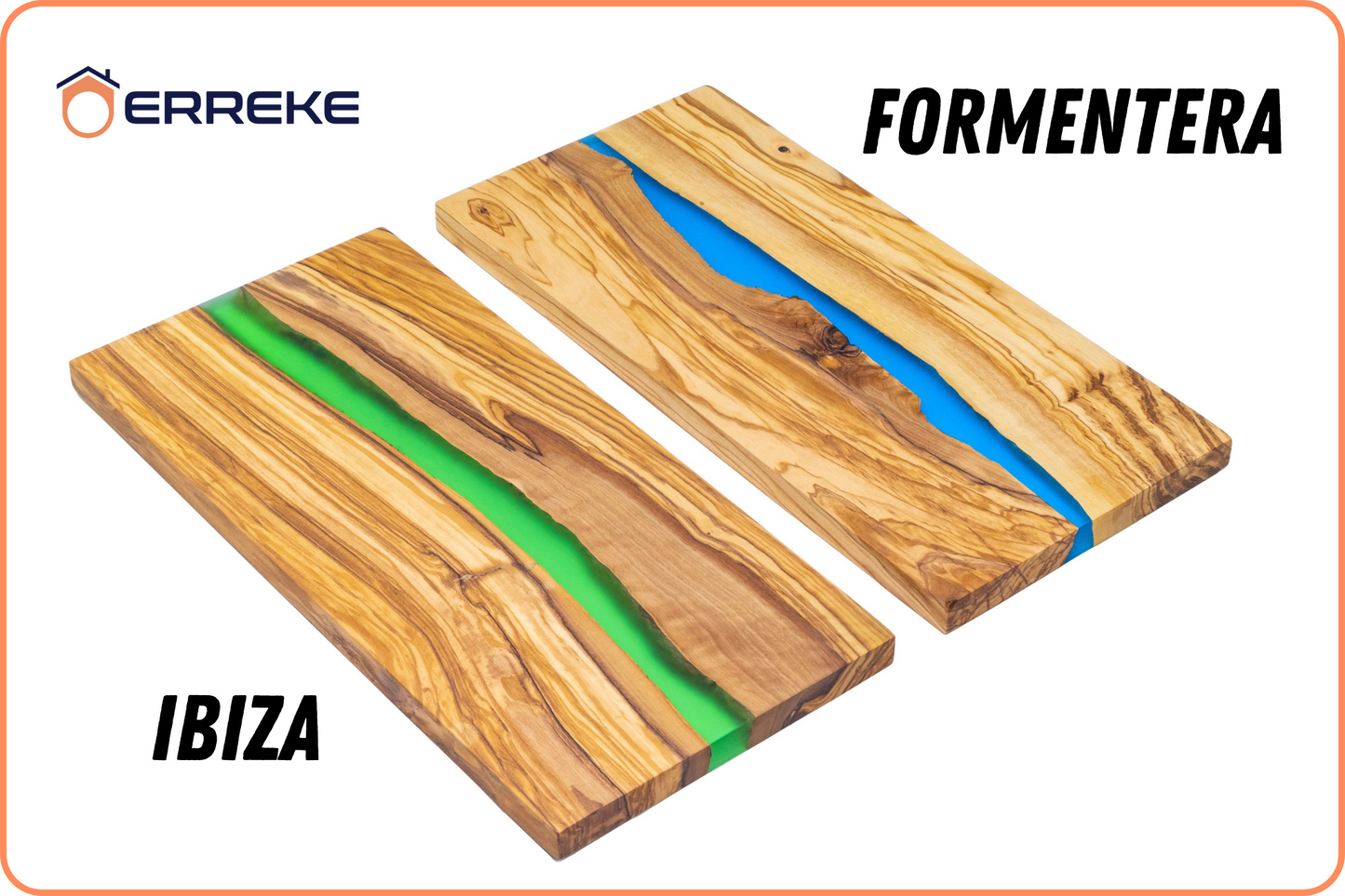 ERREKE Serving Board in Natural Olive Wood and Epoxy Resin IBIZA, Kitchen Chopping Board 38x18x1.5 cm, Ideal for Serving Sausages Ham Cheese Bread (Green)
