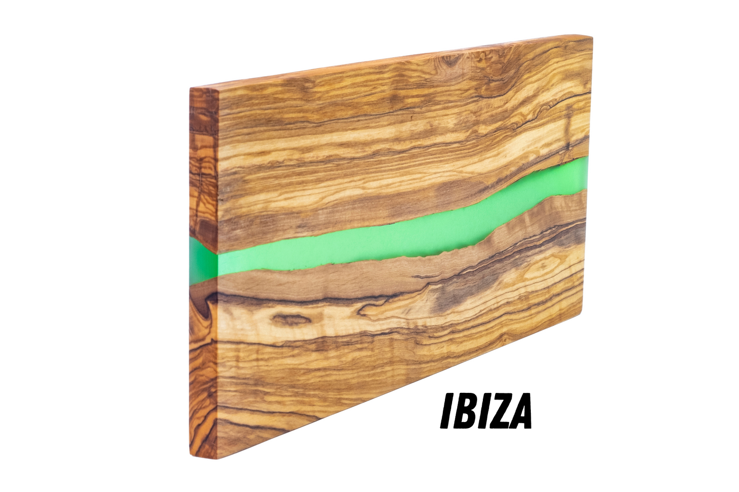 ERREKE Serving Board in Natural Olive Wood and Epoxy Resin IBIZA, Kitchen Chopping Board 38x18x1.5 cm, Ideal for Serving Sausages Ham Cheese Bread (Green)