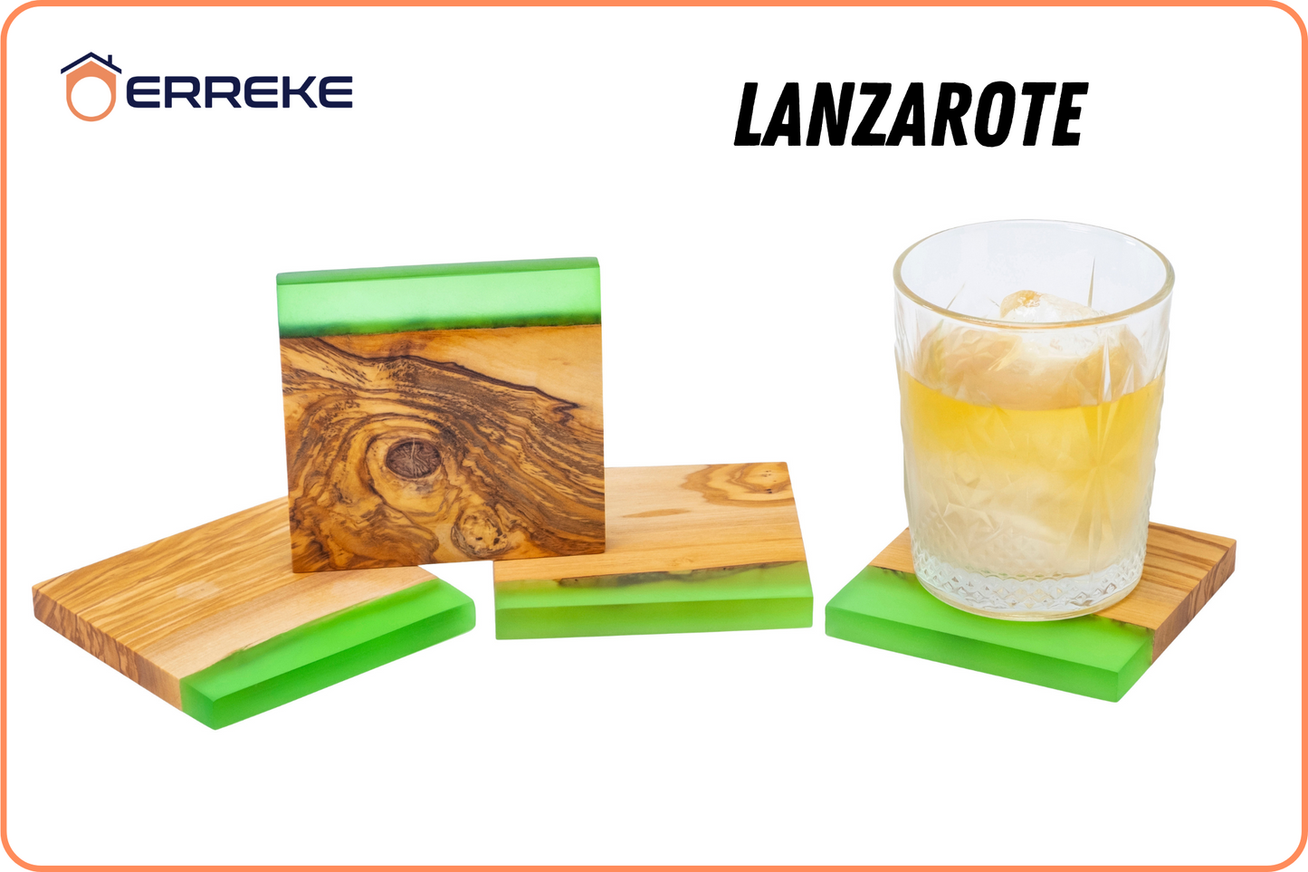Set of 4 Original Coasters in Natural Olive Wood and Epoxy Resin LANZAROTE, Cups, Glasses, 10x10x1.2 cm (Green)