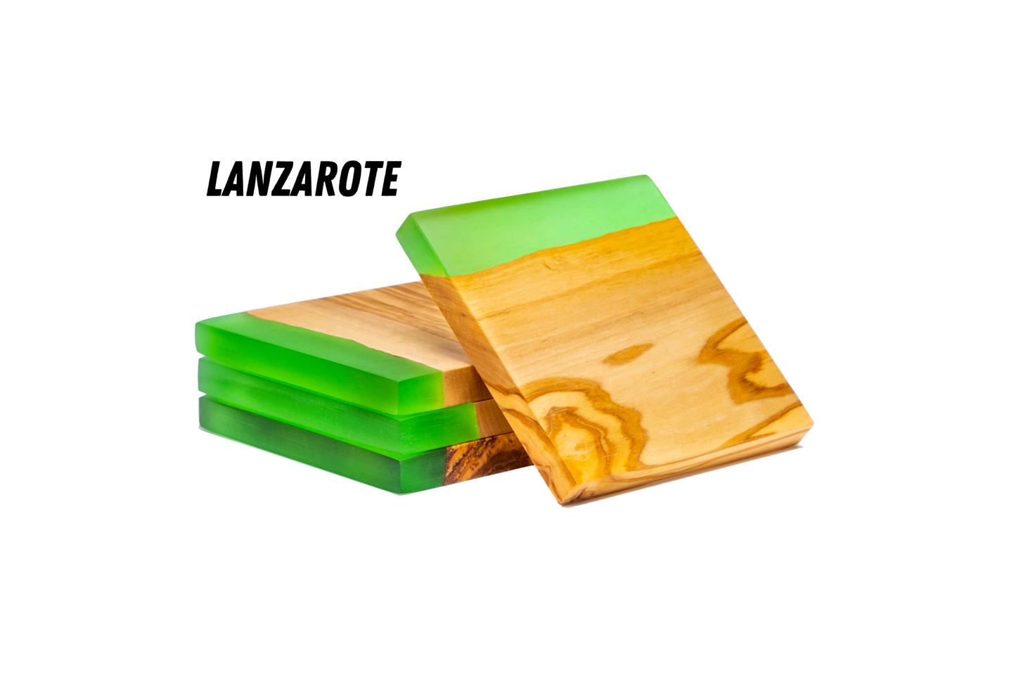 Set of 4 Original Coasters in Natural Olive Wood and Epoxy Resin LANZAROTE, Cups, Glasses, 10x10x1.2 cm (Green)
